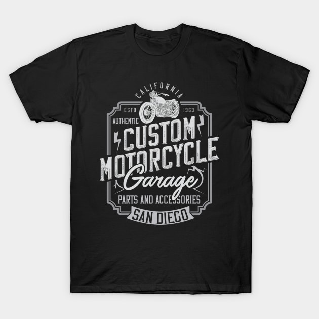 Custom Motorcycle Garage San Diego California T-Shirt by ShopCulture